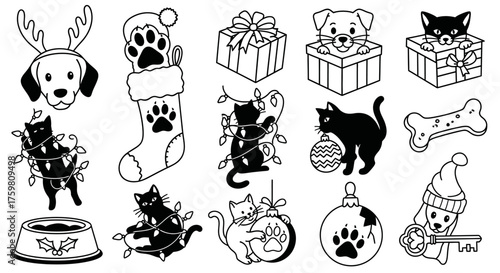 Cute Christmas Animals and Gifts Icons Black and White