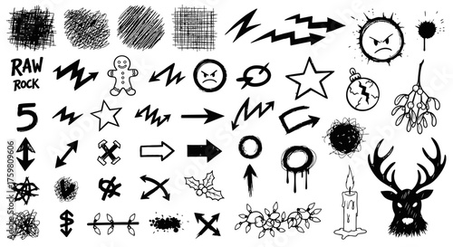 Hand-drawn black icons and elements on white background