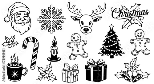 Christmas Icon Set Black and White Vector Graphics
