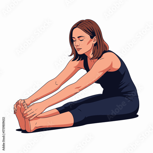 Young woman performs seated forward bend stretch, touching her toes with focus and dedication