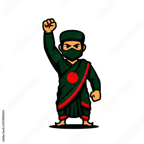 Powerful icon of a determined figure in traditional national dress with a face covering, raising a strong fist, symbolizing cultural pride and resilience