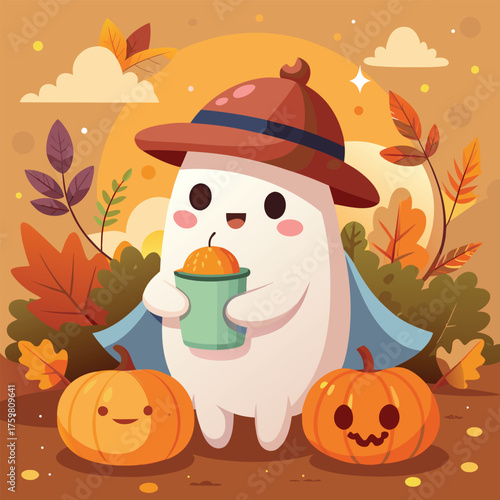 Adorable halloween ghost character wearing a cozy scarf smiling cheerfully perfect for festive decorations and seasonal designs isolated on white background