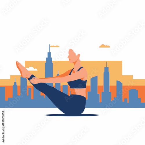 Fit woman practicing a core strengthening yoga pose for balance and mindfulness with a vibrant city landscape