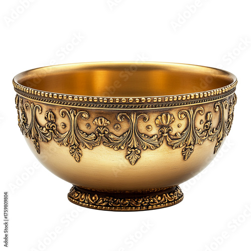 A marvellous isolate of a golden-coloured decorative bowl with rich antique or baroque relief ornaments. The isolated item showcases luxurious style, high detail, and is suitable for premium catalogs.