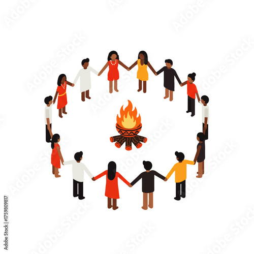 Diverse People United in a Circle Around a Campfire.