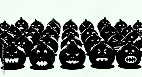 A large group of black cartoon monsters with various angry expressions.