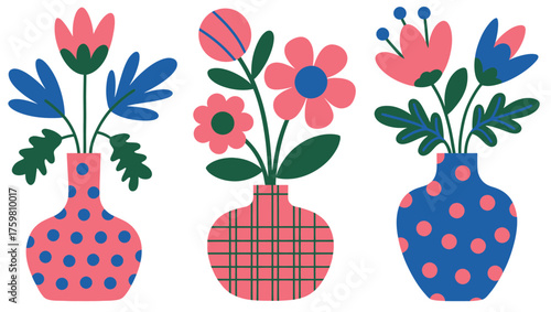 Set of Folk Art Inspired Flower Vases with Polka Dot and Grid Patterns