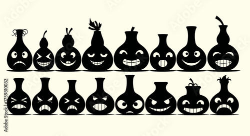 Collection of Black Silhouettes of Gourd-Shaped Characters with Various Facial Expressions.