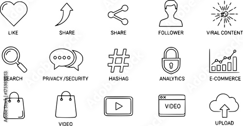 Minimalist Digital Marketing & Social Media Black Silhouette Icon Set: Like, Share, Follower, and Viral Content Outline Vectors for UI/UX Design.