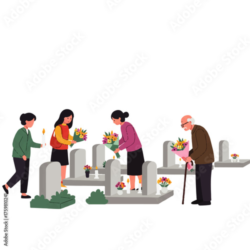 Family Visiting Gravesite with Flowers and Candles.