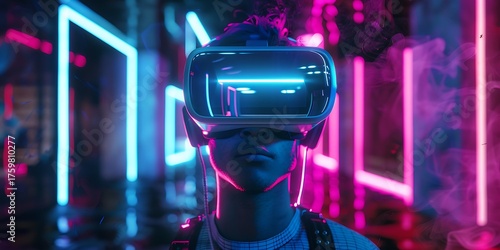 Young person immersed in vibrant neon virtual reality, exploring a futuristic digital world.