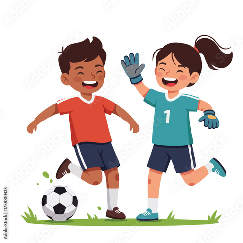 two kids playing soccer, boy kicking a black-and-white ball, girl as goalkeeper with gloves