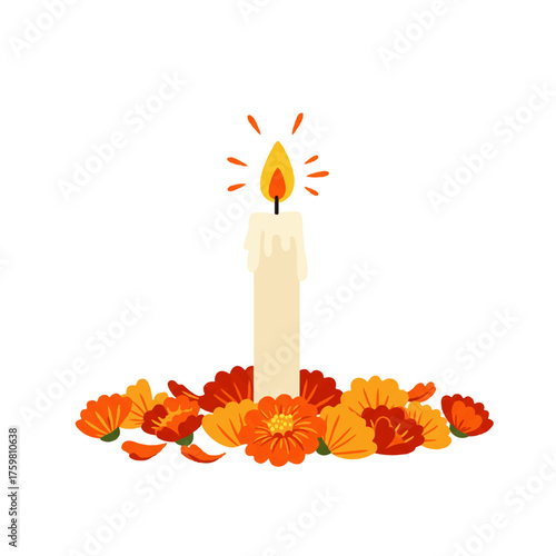 Festive Lit Candle and Marigold Flowers for Cultural Celebration.