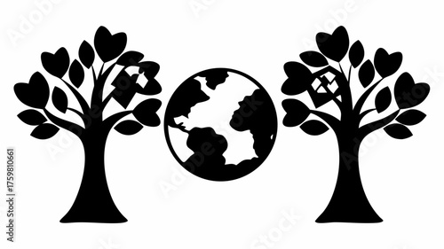 Sustainable living concept with earth between loving trees, symbolizing growth and environmental care, originally a scalable graphic for eco-friendly designs