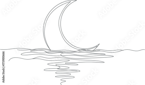 Crescent moon reflecting on rippling water surface
