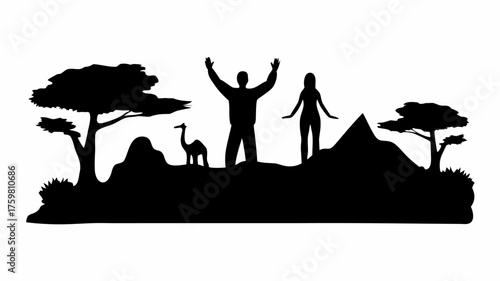 Silhouette of people and camel on a stylized landscape, evoking adventure and freedom, perfect for travel blogs or brand identity, originally a scalable graphic