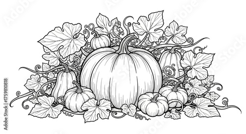 Detailed Line Art Illustration of Various Pumpkins and Gourds with Lush Vines and Leaves.