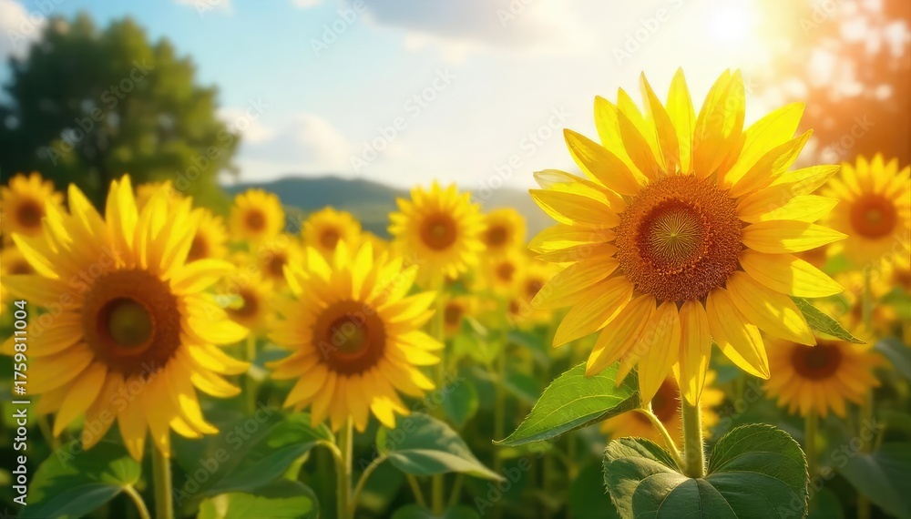 Fototapeta premium A vibrant field of sunflowers basking in golden sunlight, representing joy and carefree bliss The perfect image for themes of summer, optimism, and positive energy , nature, happy