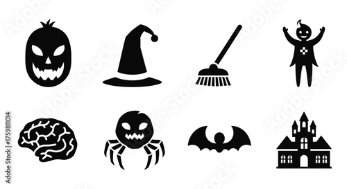 Halloween Icons Set with Pumpkin Witch Hat Broomstick and Haunted House.