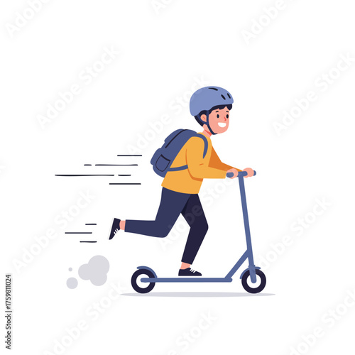 a boy riding a kick scooter, wearing helmet and backpack
