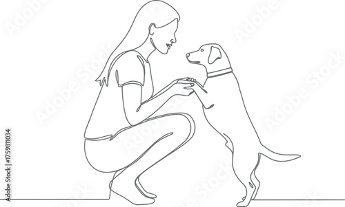 Woman and dog interact in a simple line drawing sketch