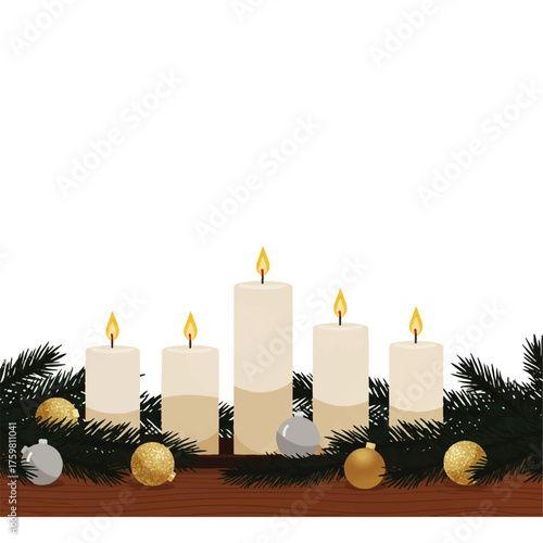 Five Lit Candles with Festive Christmas Decorations.