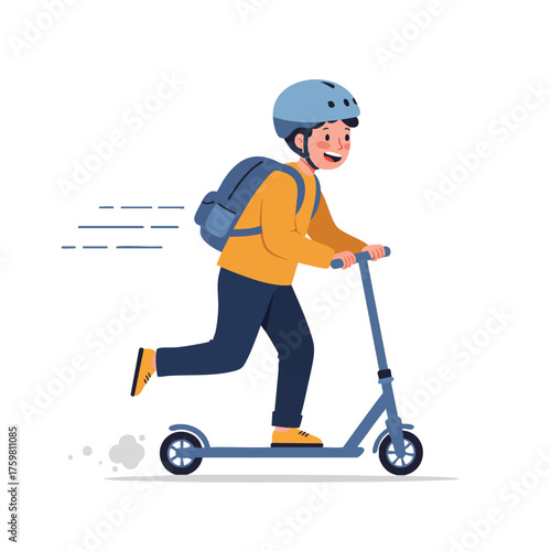 a boy riding a kick scooter, wearing helmet and backpack