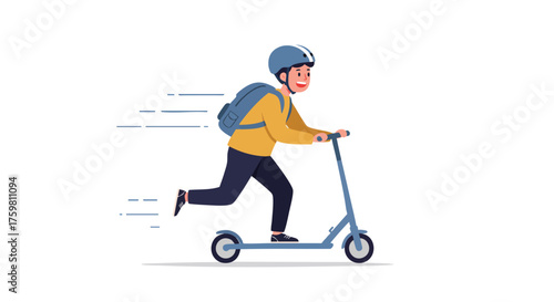 a boy riding a kick scooter, wearing helmet and backpack