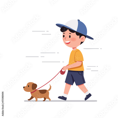 a child walking a small brown dog on a leash
