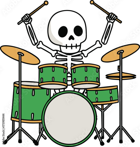 Skeleton playing drum set cartoon illustration, spooky Halloween music design, festive rock band artwork, creepy vector drawing, cad drawing flat vector illustration