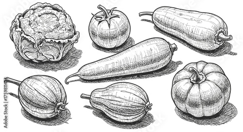 Hand-drawn illustration of various fresh vegetables in a rustic style.