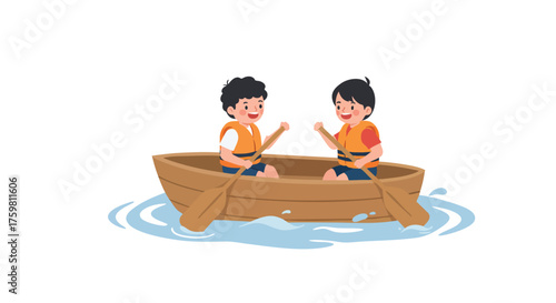two children paddling a small wooden boat