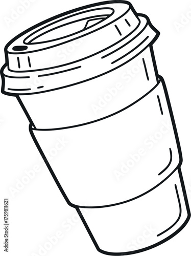Hand drawn sketch of a disposable coffee cup with lid and sleeve