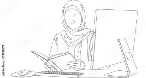 Woman in hijab studying with computer and book