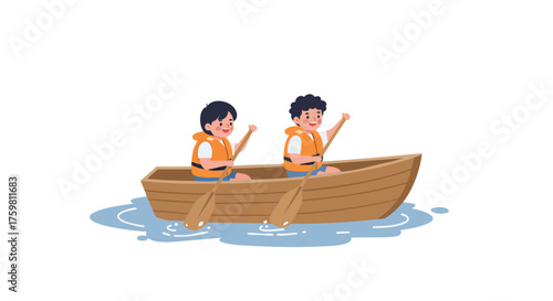 two children paddling a small wooden boat