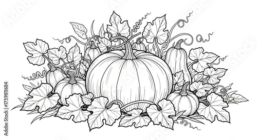 Harvested Pumpkins and Squash with Vines and Leaves Line Art.