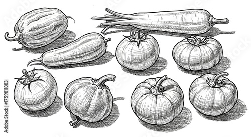 Hand-drawn sketch of various fresh vegetables including tomatoes, pumpkins, and gourds.