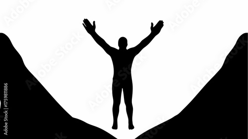 Silhouette of powerful figure with arms raised in triumph and mountains framing, radiating strength, achievement, and resilience in a stark monochrome design