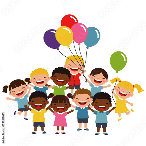 Happy Diverse Children Holding Colorful Balloons Together.