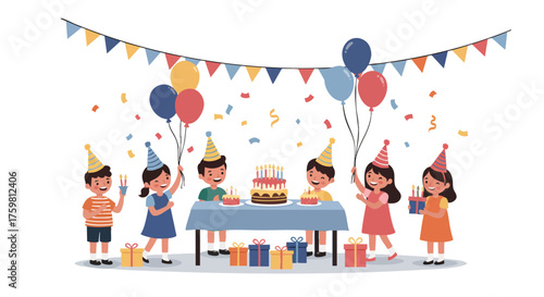 Happy birthday party illustration of children having fun with colorful balloons and a ball, a joyful celebration for kids