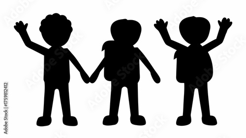 Cheerful children illustration, playful friends holding hands waving, teamwork and support concept, school kids with backpacks, black silhouette design element