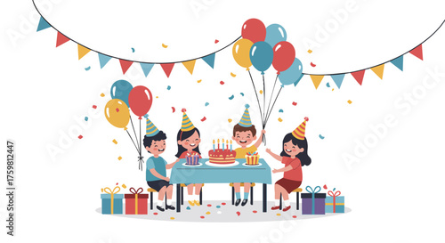 A fun, colorful vector illustration of a happy birthday party with cartoon children, balloons, confetti, and a delicious cake