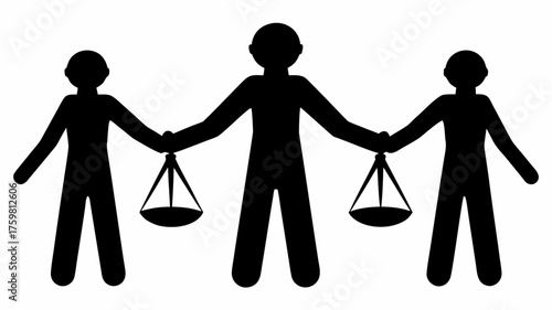 Three figures balancing scales of justice, symbolizing teamwork, fairness, and legal collaboration for attorneys, law firms, and dispute resolution services