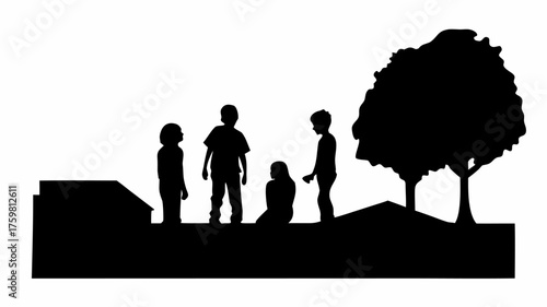 Children's silhouettes playing outdoors near a tree, evoking childhood memories and carefree summer days, perfect for family-themed designs and sentimental projects