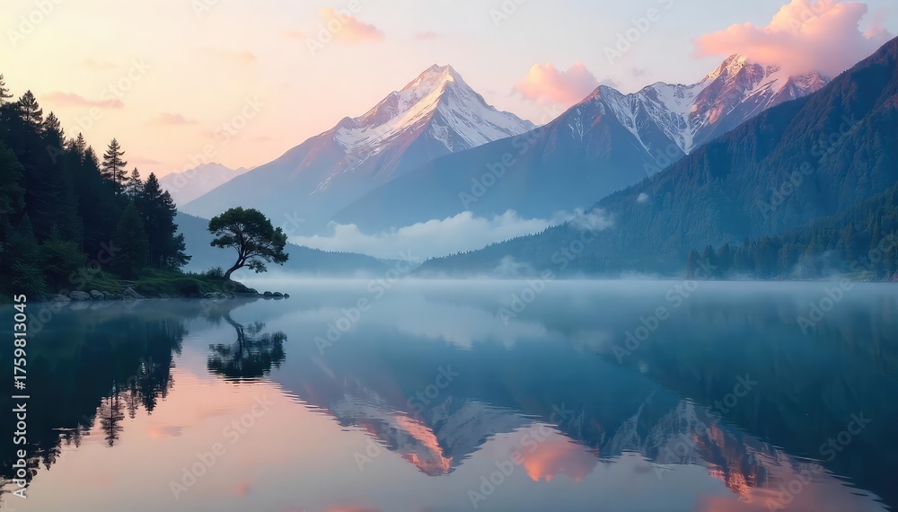 Fototapeta premium Serene landscape depicting the essence of Buddhist nature; peaceful mountain range reflecting in a tranquil lake at dawn, misty atmosphere, spiritual calm , trees, nirvana