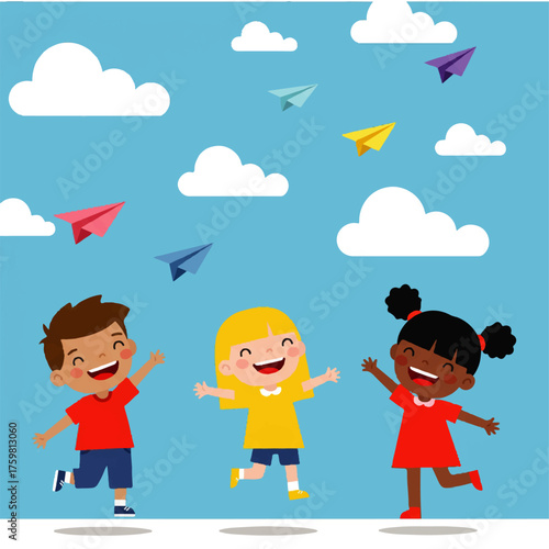 Joyful Children Playing Outdoors with Colorful Paper Airplanes.