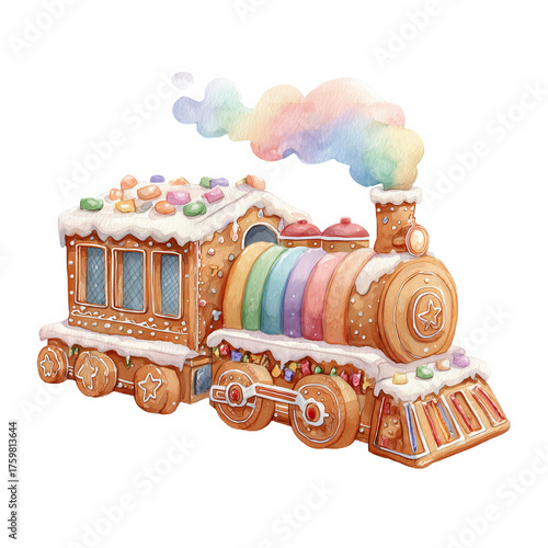 Colorful gingerbread train decorated with candy and icing in watercolor style on a whimsical holiday scene