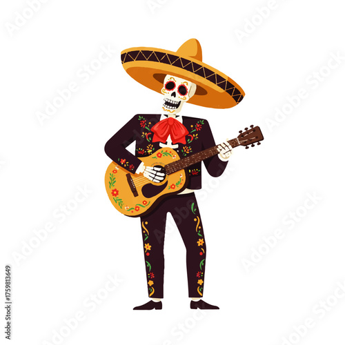 Mexican Mariachi Skeleton Playing Guitar for Day of the Dead.