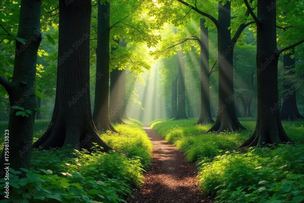 Obraz premium Sun-dappled forest path winding through ancient trees, lush green undergrowth, dappled sunlight filtering through leaves Perfect for nature, travel, and environmental themes , wood, tranquil