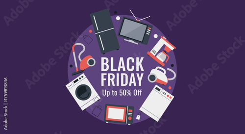 Black Friday sale banner featuring home appliances and electronics with discounts